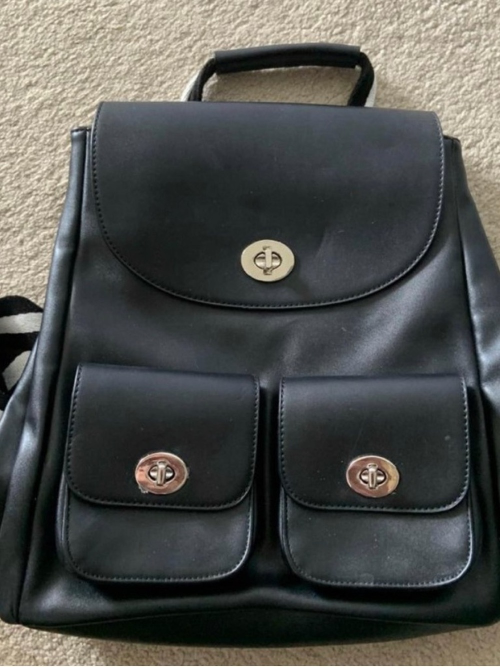Kate & Alex Classic Black Women's Faux Leather Backpack with Front Flap Pockets